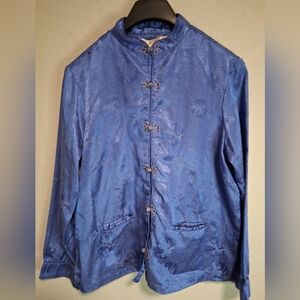 Claire Rose Blue Mandarin Collar Women’s Long Sleeve Button Shirt Blouse Size L